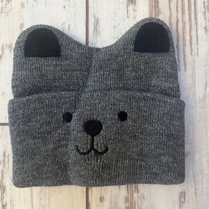 Unisex Toddler Knit Hat – Gray Bear Pattern Beanie | Warm Fall & Winter Cap